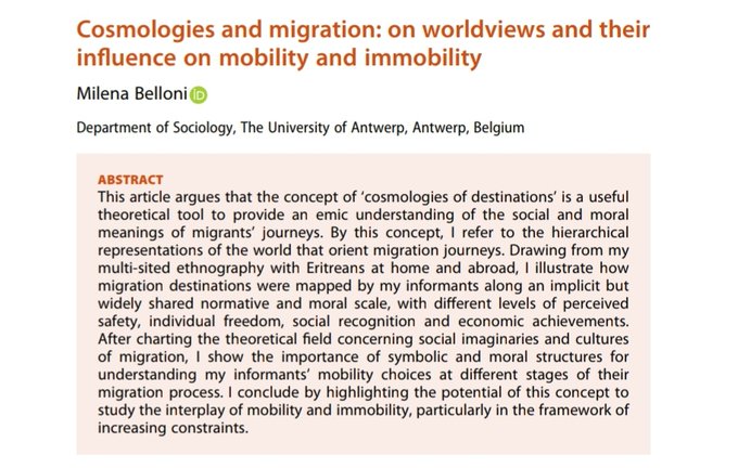 📣 From #Identities' latest issue 29(5): '#Cosmologies and #migration: on worldviews and their influence on mobility and immobility' By @BelloniMilena of @UAntwerpen @NasarMeer @aaronzwinter @Routledge_Socio #LatestIssue Available at ➡️ doi.org/10.1080/107028…