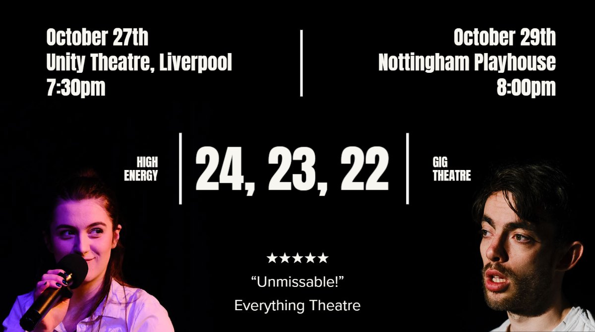 Not long now until 24, 23, 22 heads out on a mini 2 date tour to Liverpool and back home to Nottingham! Oct 27th @unitytheatre as part of @DaDaFest International unitytheatreliverpool.co.uk/whats-on/24-23… (PayWhatYouCan) Oct 29th @NottmPlayhouse for a hometown show nottinghamplayhouse.co.uk/events/24-23-2… (£12)