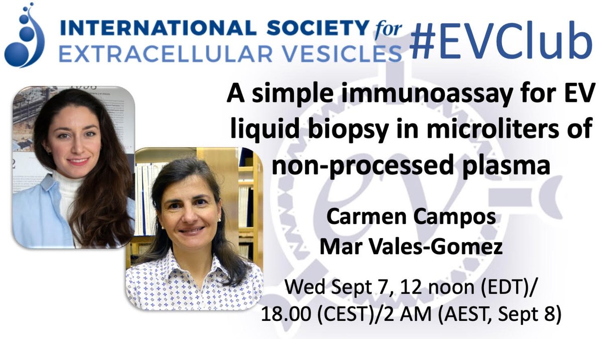 GEIVEX's tweet photo. A simple immunoassay for EV liquid biopsy in microlitres of non-processed plasma - https://t.co/devAiFAsWS - 
A new participation at ISEV #EVClub in which Carmen Campos and Mar Valés-Gómez have presented  their work on developments for detection of EVs from different biofluids... https://t.co/roPqNs2Z6K