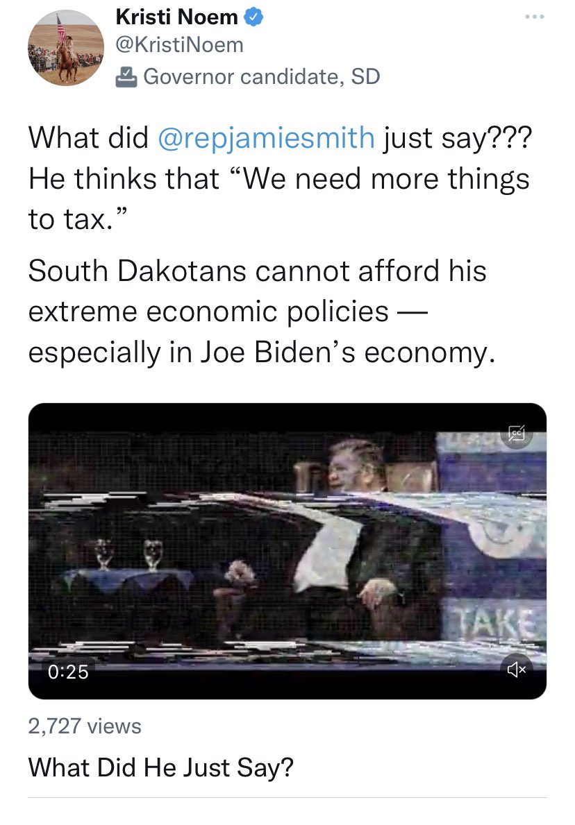 JamieSmith_SD's tweet photo. .@KristiNoem has the time and money to take my words out of context and cut an ad with it.

Yet she doesn’t bother actually showing up to the event she pulled the quote from.

She’s focused on herself. I’m focused on South Dakota. https://t.co/vqbz8Z3cJC