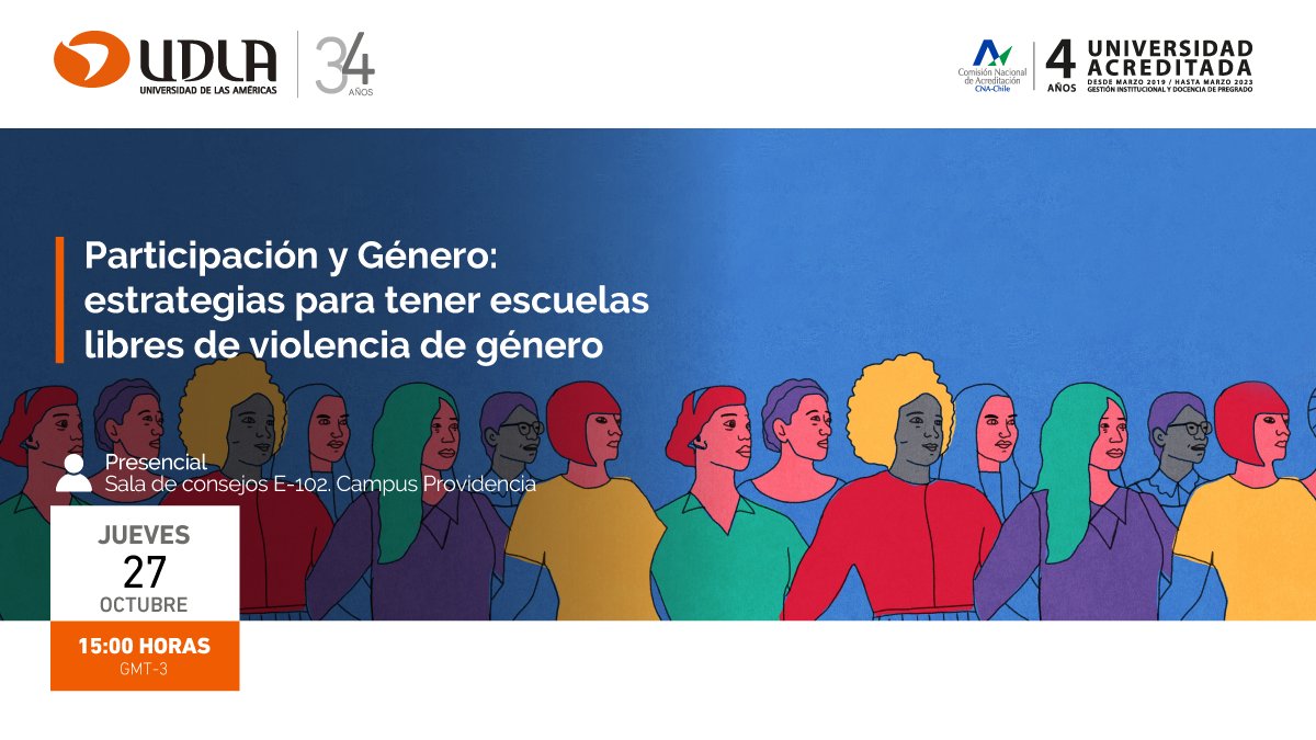 FeduUdla's tweet photo. 📚Te invitamos a ser parte del encuentro “Participación y Género: Estrategias para tener escuelas libres de violencia de género". Más información aquí: https://t.co/ZYdab5VfVv 
#UDLA #UDLAChile https://t.co/2Qvdf3WbOe