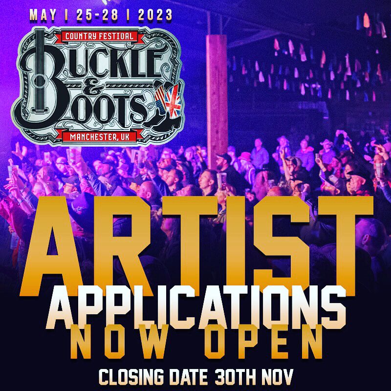 Fancy playing at Buckle &amp; Boots in May 2023? Artist applications are NOW OPEN!!

B&amp;B Fam...Let us know which UK based artists you want to play who haven't played before ;).

Application Link: buckleandboots.co.uk/apply2023/