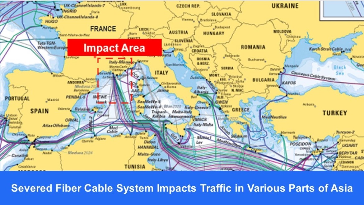 Threatlabz's tweet photo. Zscaler has discovered that a subsea Internet cable was severed in the south of France in an apparent act of vandalism. Internet connectivity to Asia, Europe, the United States and other parts of the world may be impacted. More details can be found here: https://t.co/ATjkoOId6F https://t.co/YiixkqGPBk
