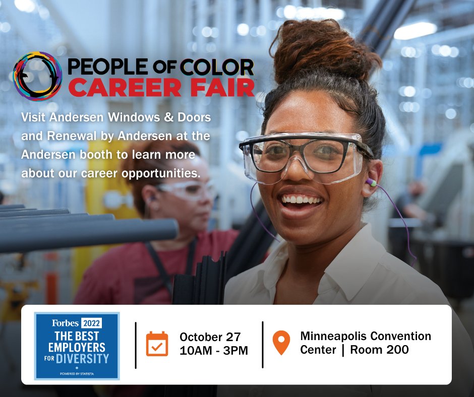Andersen Windows + Doors (@andersenwindows) on Twitter photo Andersen is serious about building a culture of inclusion where everyone can bring their authentic selves to the workplace.
Join us next Thursday, October 27th at the <a href="/POCCareerFair/">People Of Color Career Fair™</a> in Minneapolis!
Register for free: peopleofcolorcareerfair.com
#AndersenWindows #POCCareerFair #DEI Andersen is serious about building a culture of inclusion where everyone can bring their authentic selves to the workplace.
Join us next Thursday, October 27th at the <a href="/POCCareerFair/">People Of Color Career Fair™</a> in Minneapolis!
Register for free: peopleofcolorcareerfair.com
#AndersenWindows #POCCareerFair #DEI