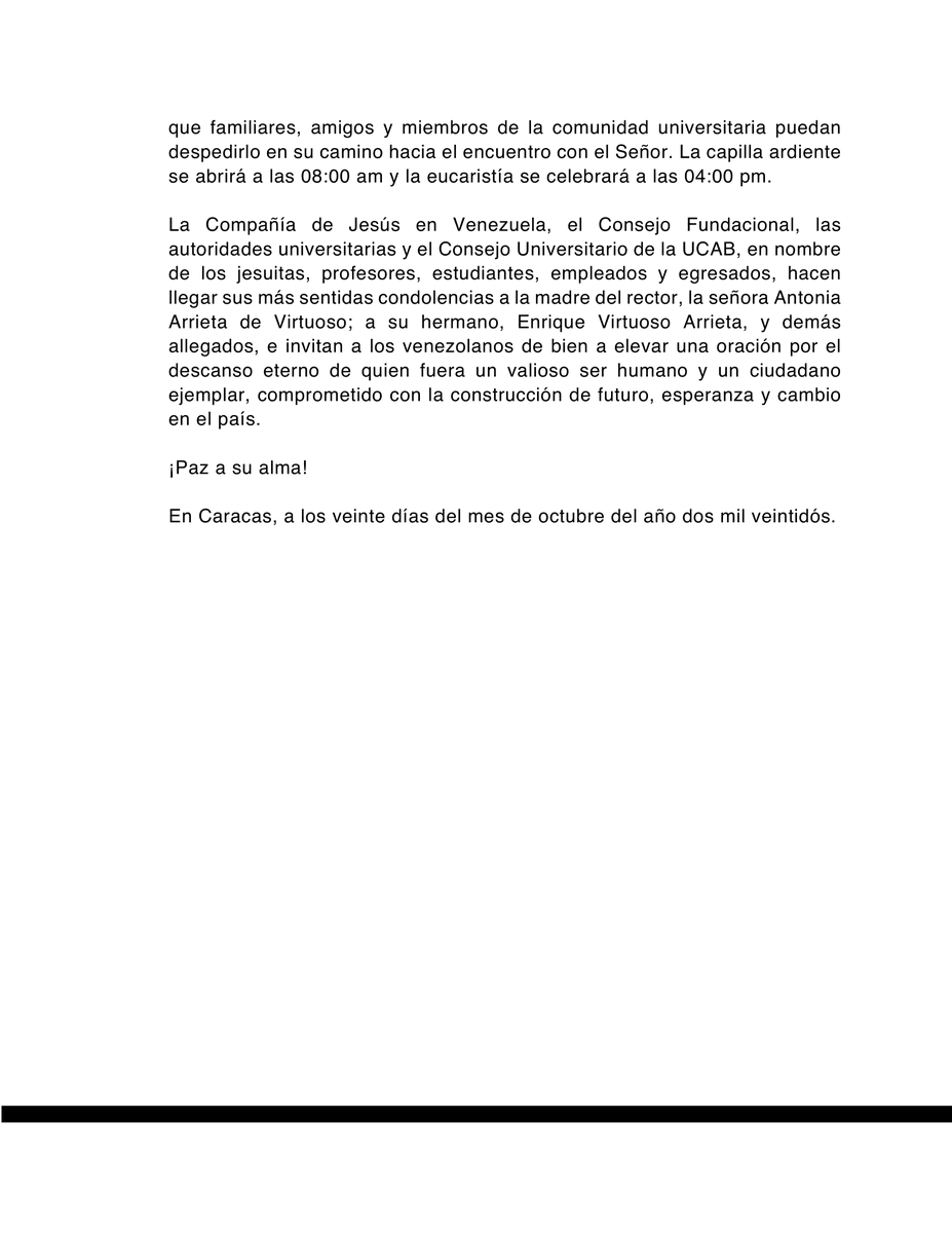 MundoURWeb's tweet photo. #20Oct La Universidad Católica Andrés Bello informa el fallecimiento de su rector, Francisco José Virtuoso Arrieta, S.J., el jueves 20 de octubre de 2022 en la ciudad de Caracas. https://t.co/FjRFjhpRZM