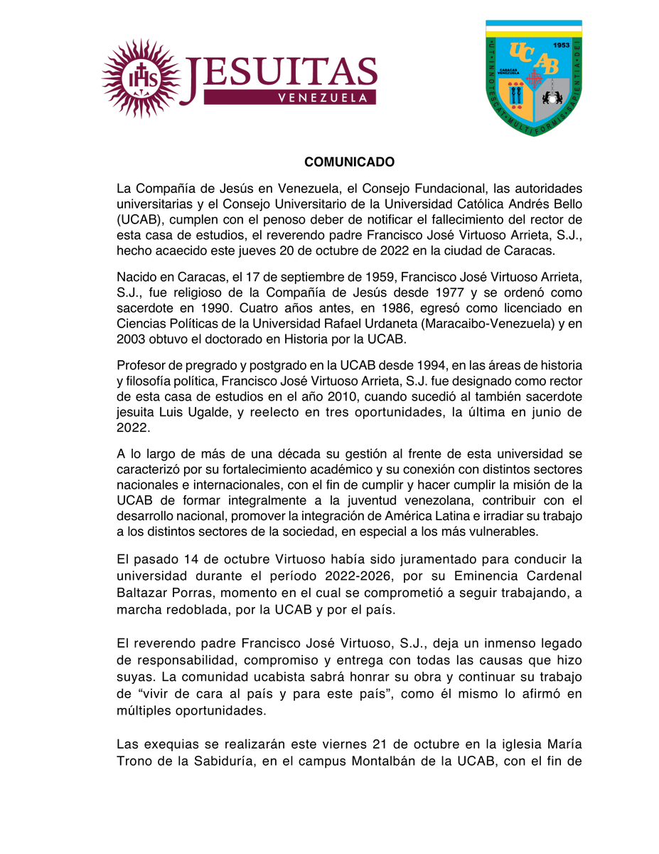 MundoURWeb's tweet photo. #20Oct La Universidad Católica Andrés Bello informa el fallecimiento de su rector, Francisco José Virtuoso Arrieta, S.J., el jueves 20 de octubre de 2022 en la ciudad de Caracas. https://t.co/FjRFjhpRZM