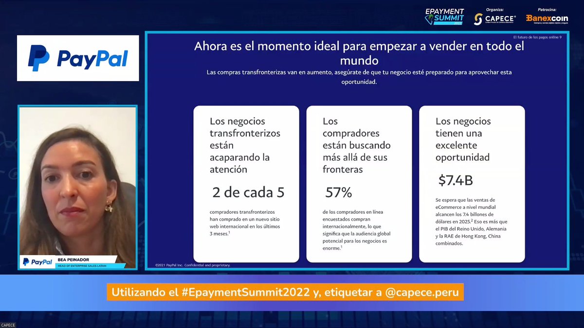 rommelcomeca's tweet photo. "Es el momento ideal para vender en todo el mundo" - Bea Peinador - PAYPAL #EpaymentSummit2022 gracias a la @capeceperu https://t.co/7IUjXdoR4k