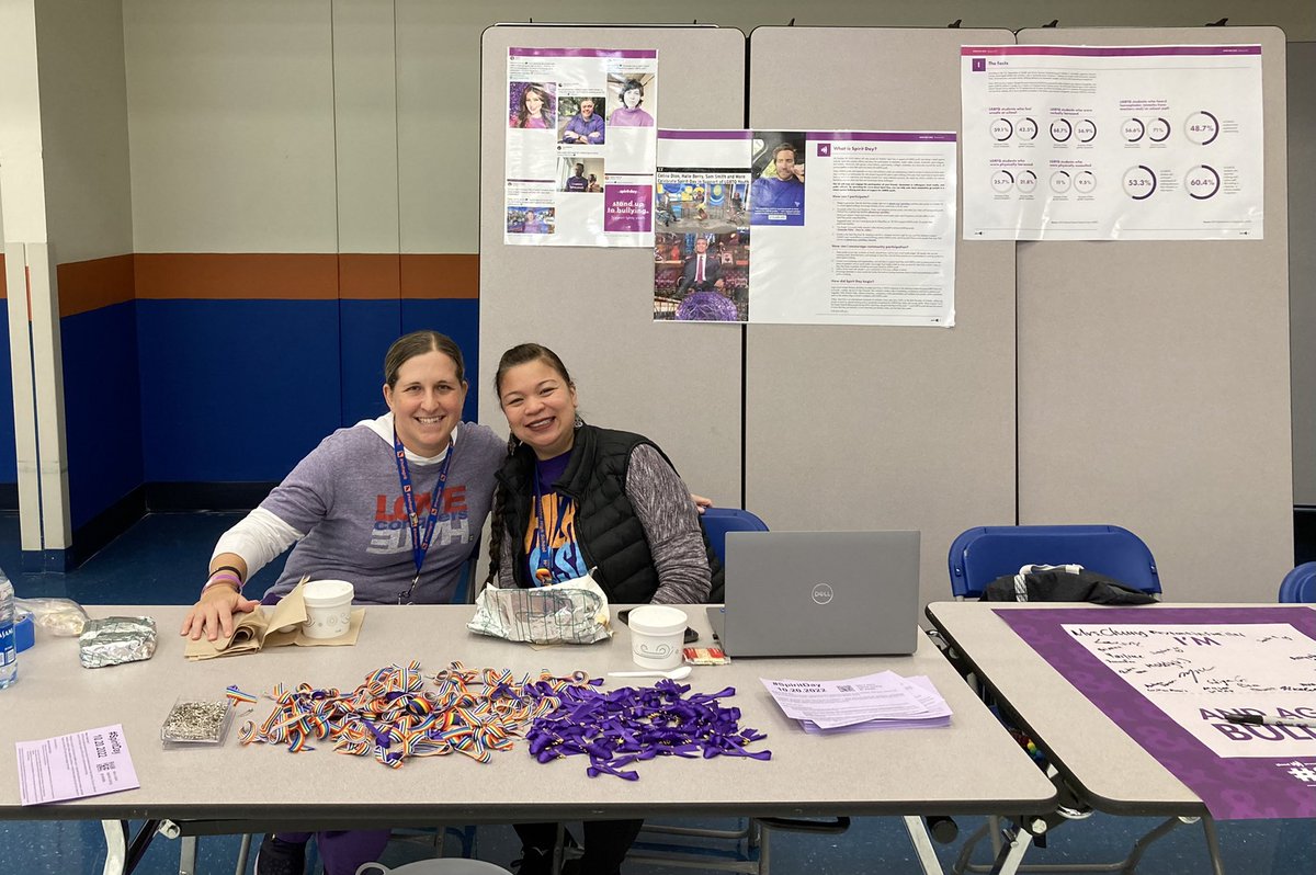 Our A-Lunch Go Purple for #SpiritDay Awareness Table in the @HEHSHawks cafeteria is up and running! We are taking a stand against bullying and supporting LGBTQ+ youth.