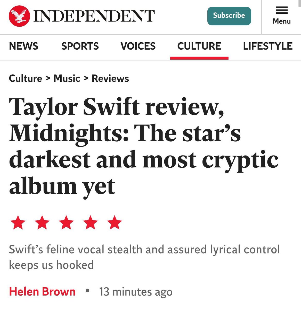 THE INDEPENDENT ONLY GAVE FOLKLORE FOUR STARS BUT THEY GAVE MIDNIGHTS FIVE STARS. WE ARE NOT READY