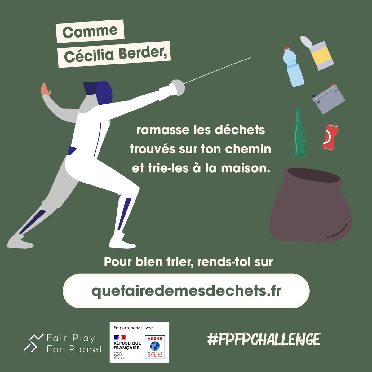 ⚔️Comme notre championne <a href="/Ceciliaberder/">Cécilia Berder</a>, portez l'estocade à la #pollution en ramassant et en triant les #déchets autour du stade.

📷Envoyez-nous les photos et vidéos de vos gestes écoresponsables via le #FPFPChallenge.

*Campagne réalisée avec <a href="/ademe/">ADEME</a> et <a href="/_datagir/">Datagir ADEME (service arrêté)</a>.