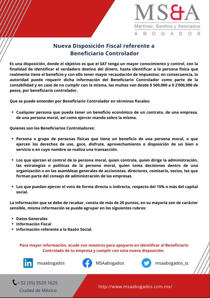 MSAABOGADOS_SC's tweet photo. Nueva Disposición Fiscal referente a
Beneficiario Controlador #MSA #Abogados #Fiscal #BeneficiarioControlador #SAT #CDMX #DisposiciónFiscal #MartinezSardina #TaxLaw #Mexico #AbogadosFiscalistas #LitigioFiscal #MultaPorIncumplimiento  (Lectura 2 minutos) https://t.co/GpzUE9ekv4