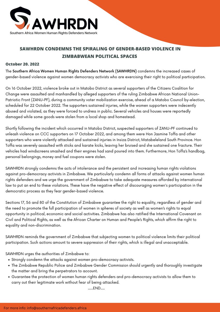 SAHRDNetwork's tweet photo. @SAWHRDN condemns the increasing cases of #GBV against women democracy activists in #Zimbababwe. These violations have the negative effect of discouraging women democracy activists from participating in the democratic process.
#StandWitHer https://t.co/OxFvnBHINp