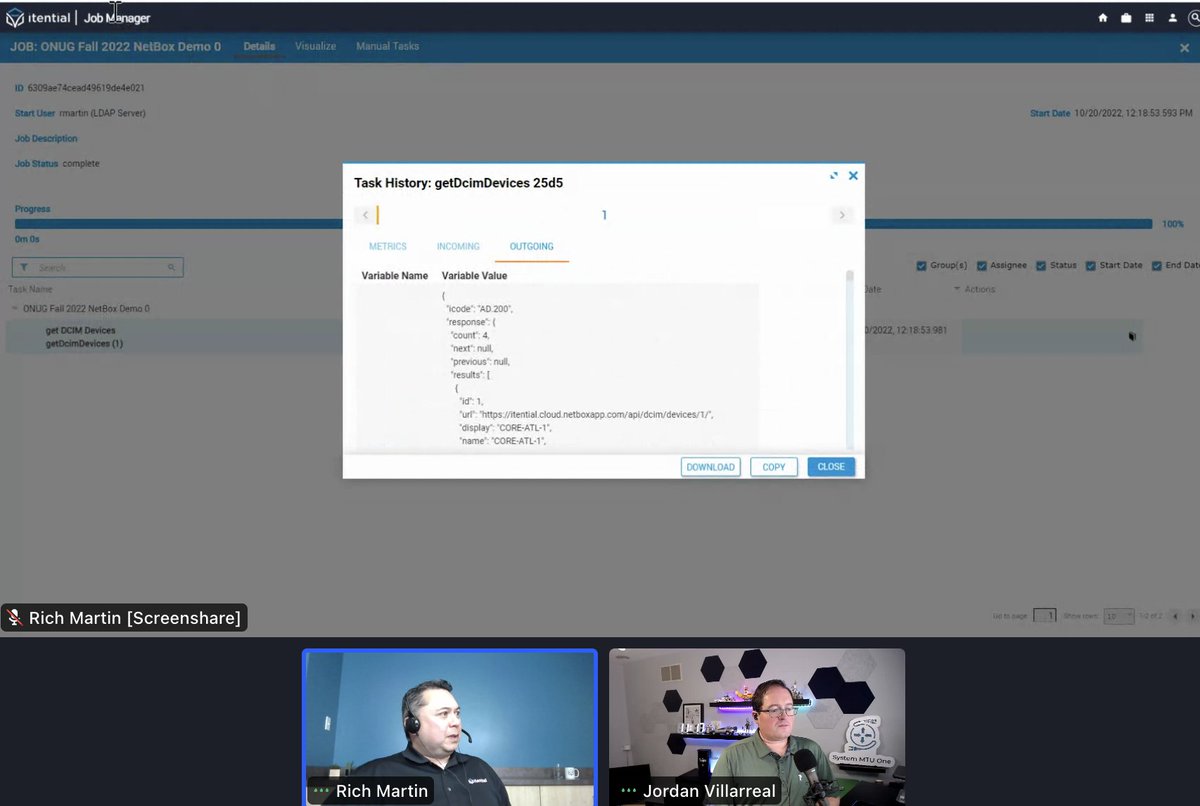 NetBoxOfficial's tweet photo. Love how well we integrate together. NetBox + @Itential demo w/ @RichMar_Network and @SystemMTUOne at @ONUG_ #onugfall2022 https://t.co/x50fHFiL4f