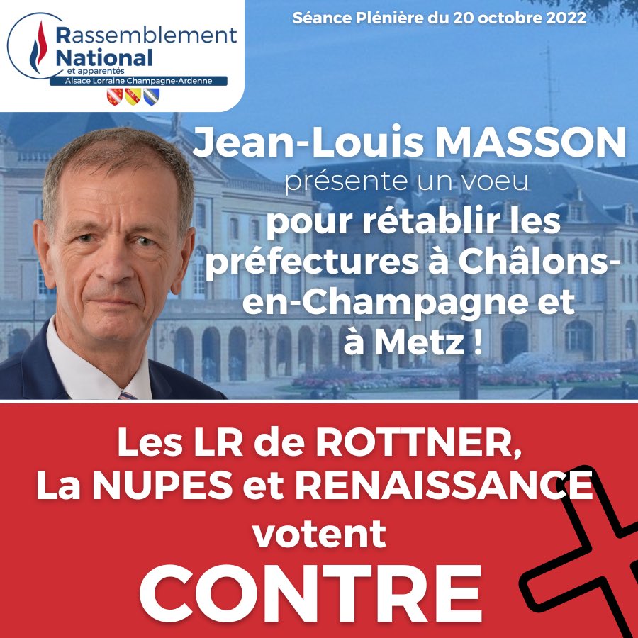 RNGrandEst's tweet photo. Jean-Louis Masson présente un vœu pour rétablir les préfectures à Châlons-en-Champagne et Metz. #SPOct22 https://t.co/Ws9FUVN6n5