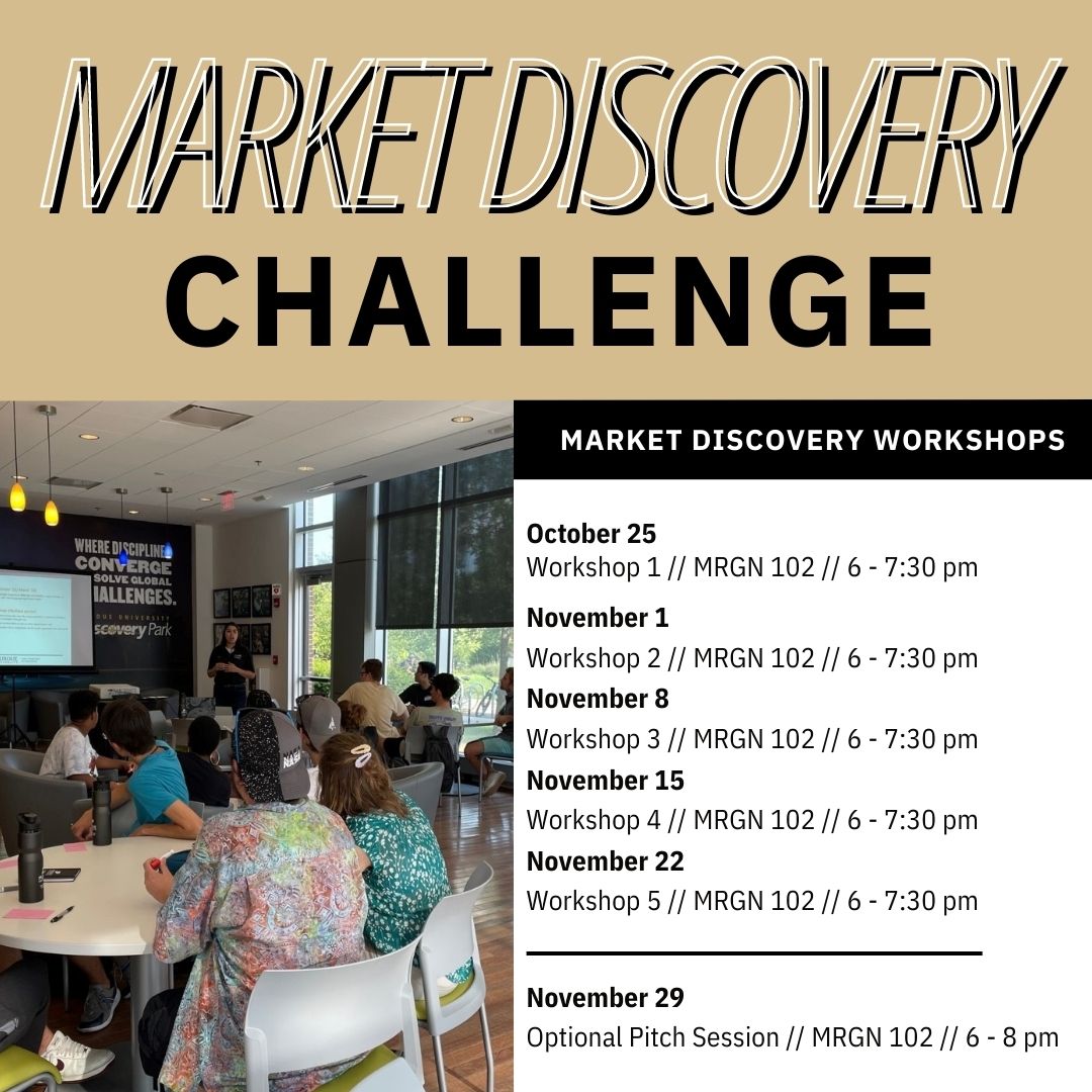 The Market Discovery Challenge is a five-workshop series focused on the customer discovery journey. Open to any Purdue undergraduate or graduate student from any college/ department. In order to participate, teams will need to have an idea for a product or start-up.