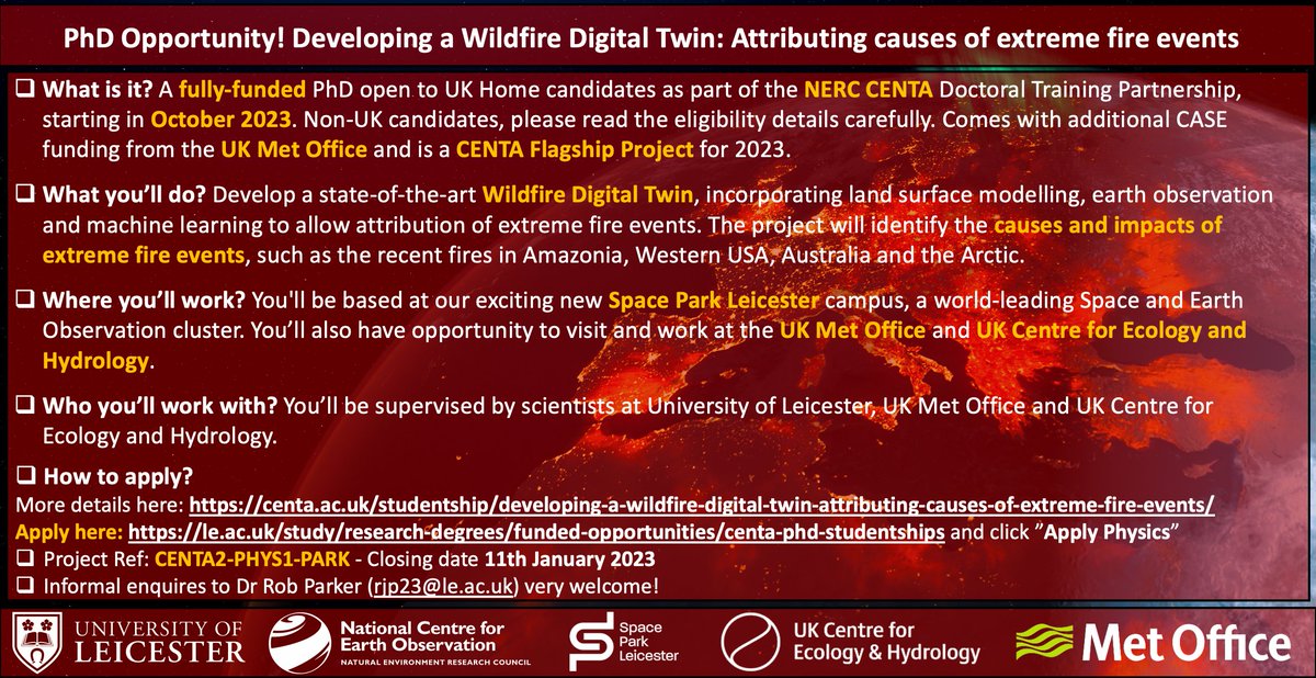 🔥 #PhD Opportunity! 🔥 We have a fully-funded UK PhD to work on Developing a #wildfire #digitaltwin. More details in 🧵below. Closing data 11th January 2023!