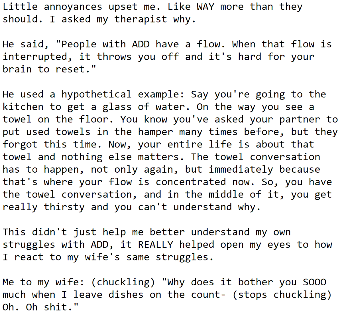 Ezekiel_III's tweet image. In my last therapy session I learned something very valuable about living with ADD: