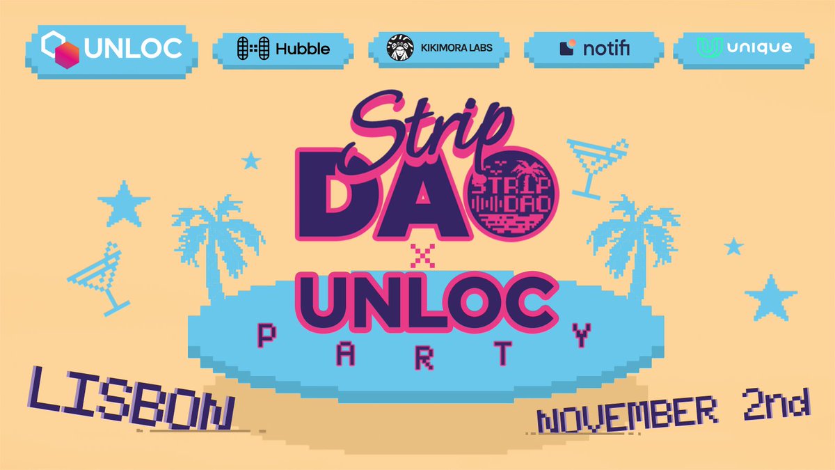 We've been teasing you for long enough...

You know there's a party.
You know it's going to be lit.
And you know who's paying for it (❤️ <a href="/UnlocNFT/">UNLOC 🔑</a> @uniquevcs <a href="/NotifiNetwork/">Notifi</a> <a href="/HubbleProtocol/">Hubble Protocol</a> <a href="/KikimoraLabs/">KikimoraLabs</a>)

Now we're ECSTATIC to announce more #StripDAOxUnloc Party details!