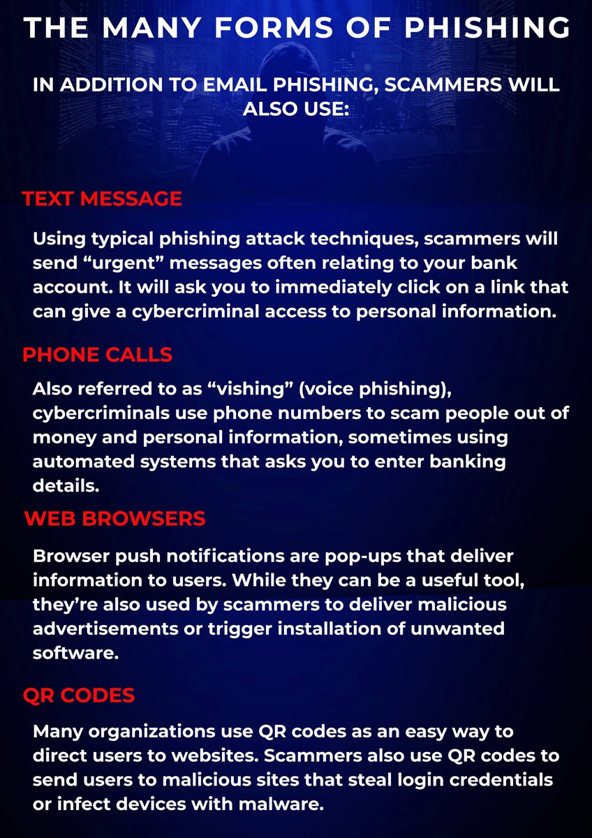 brosnansecurity's tweet photo. Email is still the main way cybercriminals launch phishing attacks, but new threats are emerging each day. You should always be on the lookout for other forms of phishing, whether it's a text message, phone call, web browser notifications or QR Code.

#CybersecurityAwareness https://t.co/twE6BCebQT