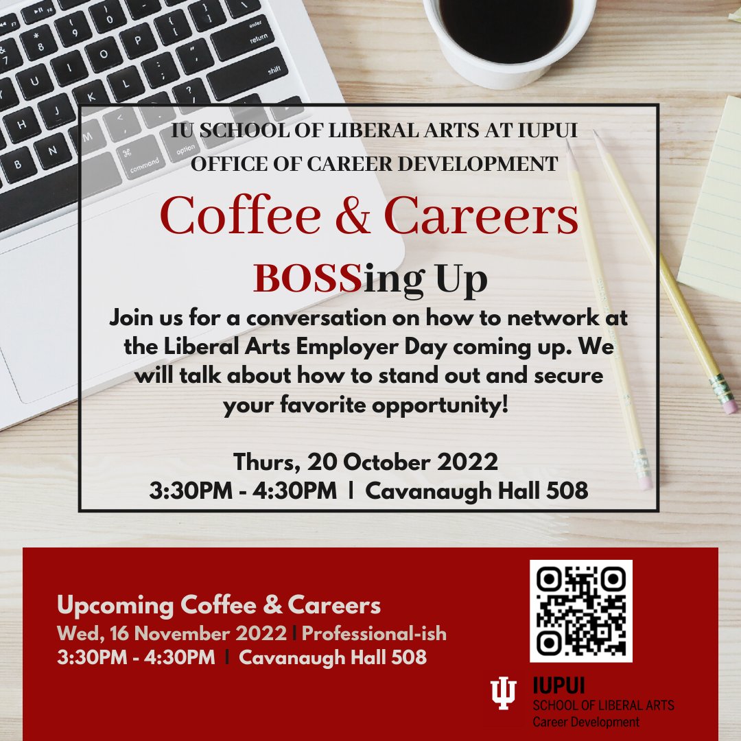 Today! Let's talk on how to network at our next Liberal Arts Employer Day coming up. 3:30pm - 4:30pm in Cavanaugh Hall 508.

See you there ! 

#BossUp #LiberalArtsWorks #EmployerDay #CoffeeandCareers #CareerDevelopment #CareerCoach #StudentEvents