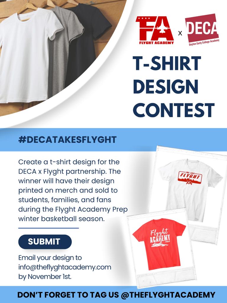 The Flyght Academy (@flyght_academy) on Twitter photo ✈️🏀Will you see your design in the stands this season? In honor of our partnership with <a href="/DECA_Schools/">Dayton Early College</a>, middle & high school students are eligible to enter our t-shirt contest. Email your design to info@flyghtacademy.com by November 1st. #FlyWithUs ✈️🏀Will you see your design in the stands this season? In honor of our partnership with <a href="/DECA_Schools/">Dayton Early College</a>, middle & high school students are eligible to enter our t-shirt contest. Email your design to info@flyghtacademy.com by November 1st. #FlyWithUs