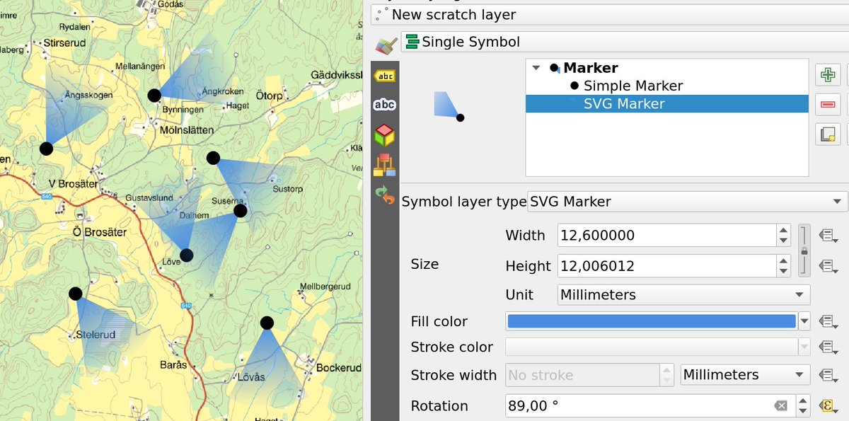 klaskarlsson's tweet photo. @LatidudeMaps How about making a custom SVG with the gradient you like and then use that as a point symbol, rotating it accordingly and be done with it. https://t.co/KWzer5vWkL