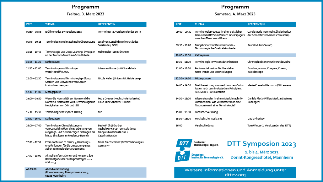 DTTeV's tweet photo. Ein Blick ins Programm des #DTTSymposion2023 mit vielen interessanten Fachbeiträgen und Podiumsdiskussionen zu Terminologie, Wissensmanagement, Ontologie, Taxonomie, Maschineller Übersetzung etc. Natürlich darf auch das terminologische Speed-Dating dieses Mal nicht fehlen! https://t.co/8pW75as2vQ