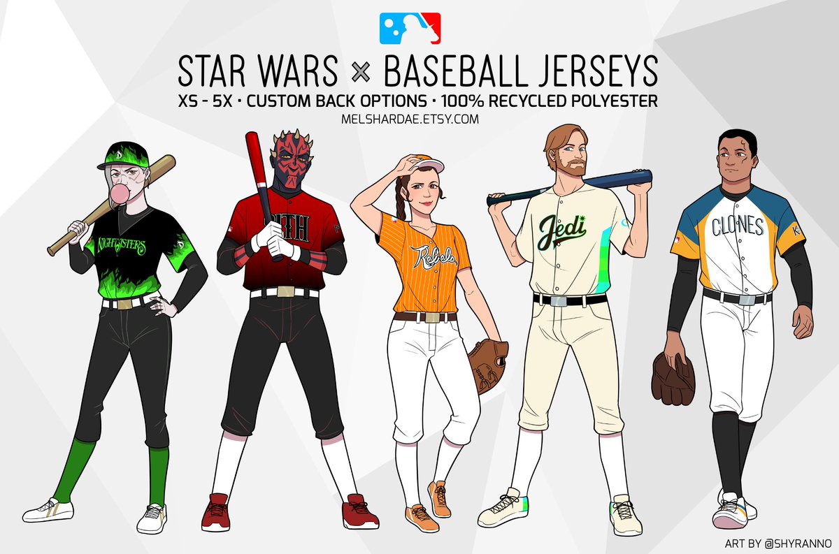 melshardae's tweet photo. [RT💖]  My Star Wars Galaxy League Baseball jerseys are live! Rep one of five teams - the Yavin Rebels, the Coruscant Jedi, the Kamino Clones, the Mustafar Sith, or the Dathomir Nightsisters - in these made-to-order jerseys!!

Links &amp; product images in 🧵 https://t.co/4V4TCMI1Ut