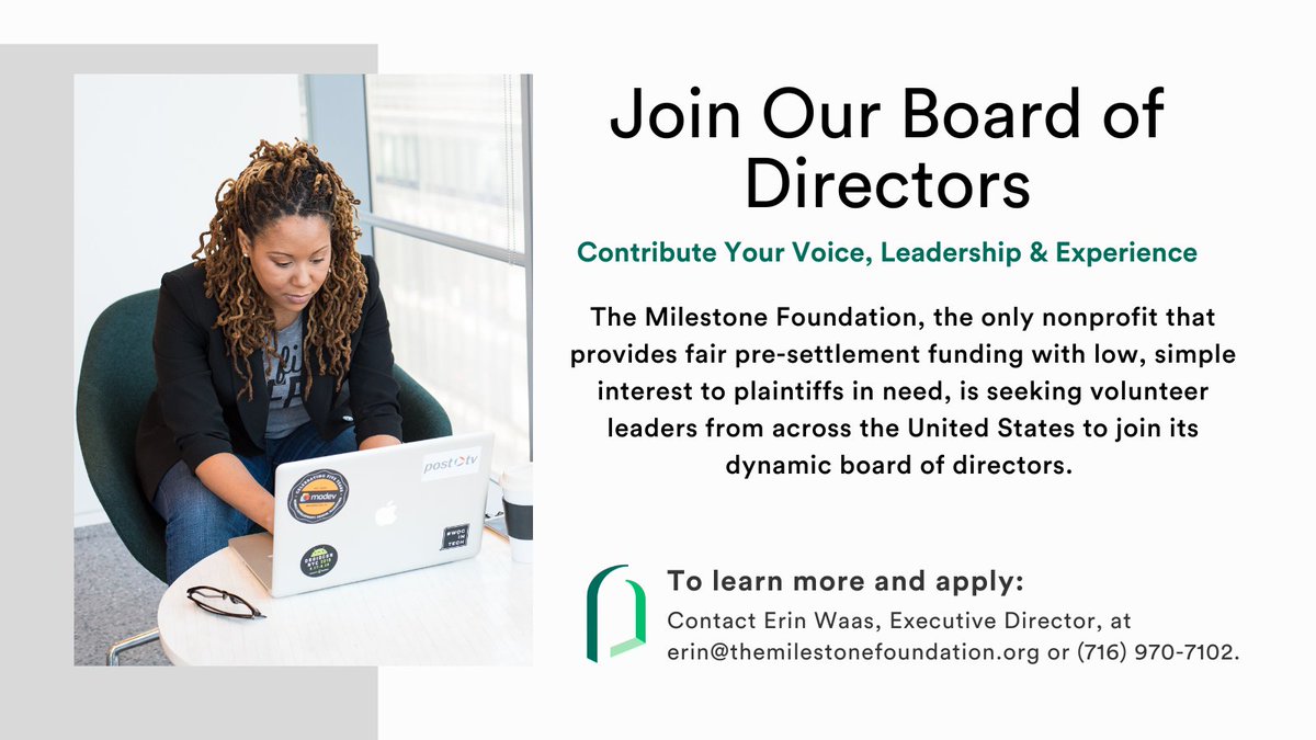 We are seeking volunteer leaders to join our dynamic board of directors. Contribute your voice, leadership &amp; experience and be part of the movement to provide ethical, low-cost funding to plaintiffs in need.  ow.ly/3rb950LgJpR