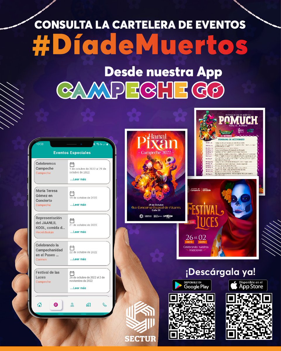 CampecheTravel's tweet photo. ¡No te pierdas ninguna de nuestras festividades en estas fechas de #DíadeMuertos! En nuestra App Turística de #CampecheGO puedes encontrar la cartelera de eventos. 💀🕯

Si todavía no la tienes te invitamos a descargarla. https://t.co/Pr9jGuZ8Ne