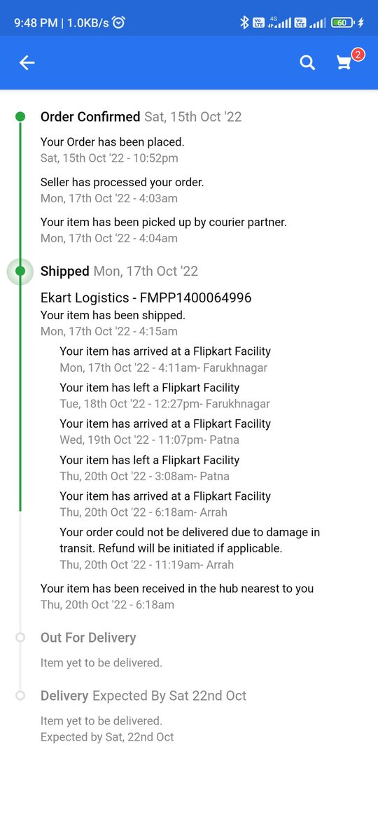 Piyushkr93's tweet photo. @flipkartsupport I have ordered 2 products, on different dates but both products showing not delivered due damage in transit and also showing it will be delivered by expected dates.I consult to your support team they are just saying wait and not clearing my doubt. They saying. https://t.co/IJnG5rZuyc