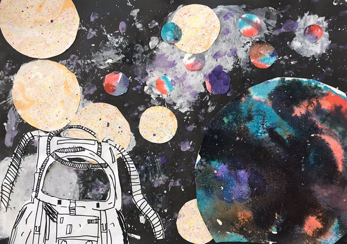 GomersalArt's tweet photo. Our Year5 space pictures are bursting with different techniques. Printing, marbling, collage, salt resist, ink, watercolour, splattered poster paint and detailed drawing. This work has built up over many weeks with our sketchbooks used to practice skills and learn new techniques. https://t.co/TIKQwJO4vD