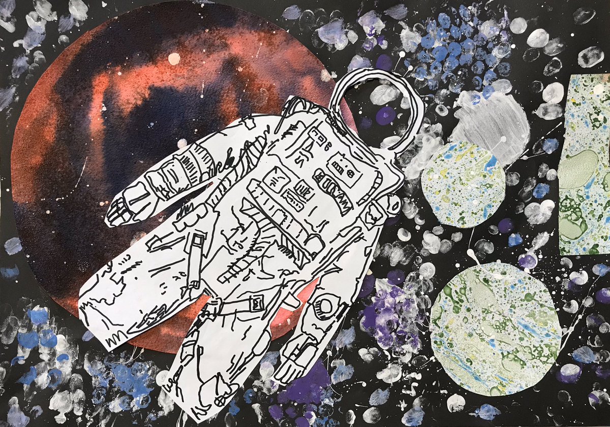 GomersalArt's tweet photo. Our Year5 space pictures are bursting with different techniques. Printing, marbling, collage, salt resist, ink, watercolour, splattered poster paint and detailed drawing. This work has built up over many weeks with our sketchbooks used to practice skills and learn new techniques. https://t.co/TIKQwJO4vD