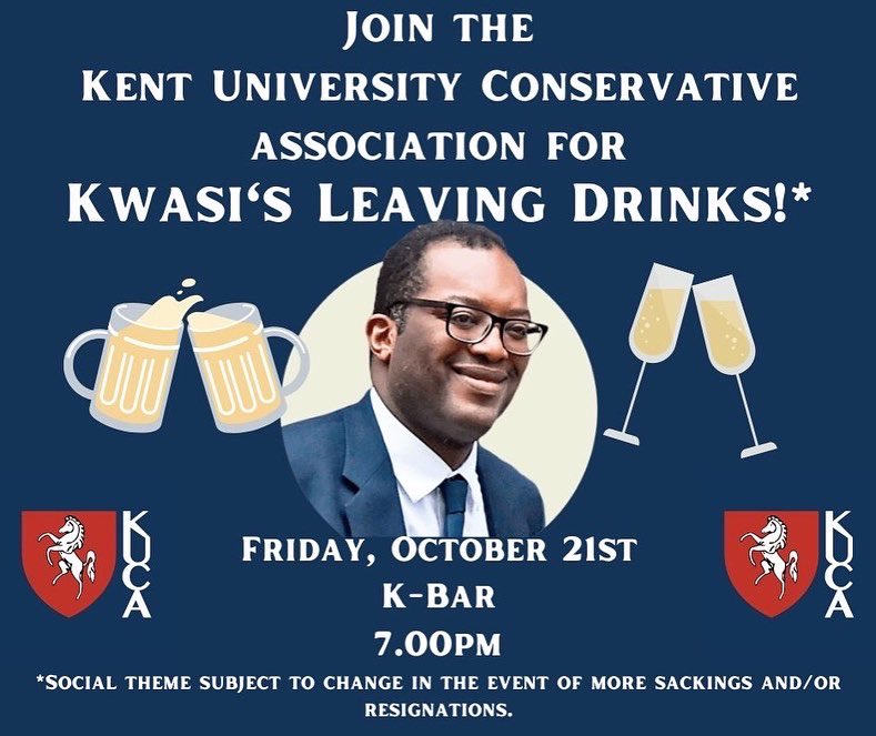 🥬 Struggling to keep up with all the latest developments? 

🎉It's okay! The <a href="/KUCAKENT/">University of Kent Conservatives</a> have got you covered! With one big leaving do to mark everyone's departure. 

✍️This is their third and final edit (Assuming they don't need to make any more...) 

🍻See you in K bar!