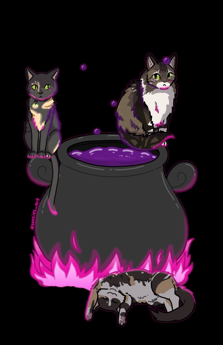 Cauldron cats for <a href="/mills_sec/">Hacky Stardust (he/him)</a>! I absolutely ADORE the final result of this one 🐈‍⬛