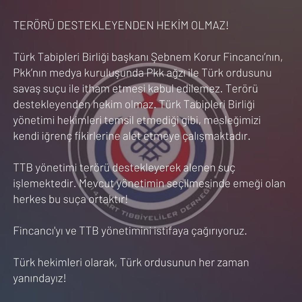 TERÖRÜ DESTEKLEYENDEN HEKİM OLMAZ!
Fincancı ve TTB yönetimini istifaya çağırıyoruz. #TTBbenitemsiletmiyor