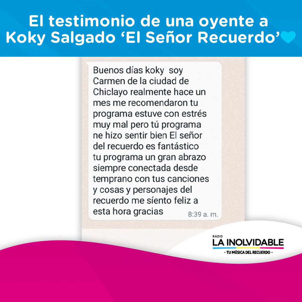 lainolvidablepe's tweet photo. ¡Hoy en el programa 'Señor Recuerdo' recibimos un bonito mensaje y quisimos compartirlo con ustedes! 💙 Tú también puedes dejarnos tu mensaje en los comentarios 🫶👇 https://t.co/muWpNTs0JK