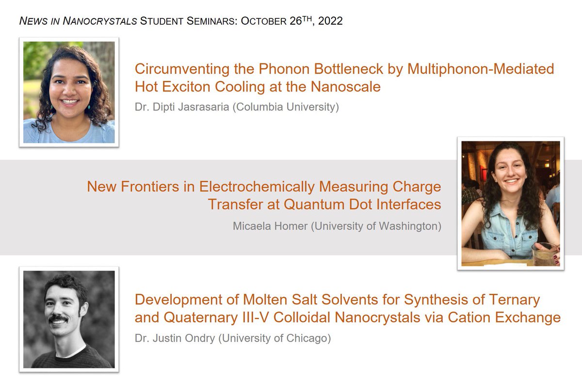 News in Nanocrystals Seminar (@ninc_seminar) on Twitter photo Join us next week Wednesday, Oct 26th for three great talks by Dr. Dipti Jasrasaria (@d_jasras), Micaela Homer (@brandicossairt lab), and Dr. Justin Ondry (<a href="/OndryJustin/">Justin Ondry</a>) ✨⚡️🎇
The Zoom will open at 8 AM PDT/11AM EDT/5PM CET/8:30PM IST. Register at nincseminar.wixsite.com/news-in-nanocr… Join us next week Wednesday, Oct 26th for three great talks by Dr. Dipti Jasrasaria (@d_jasras), Micaela Homer (@brandicossairt lab), and Dr. Justin Ondry (<a href="/OndryJustin/">Justin Ondry</a>) ✨⚡️🎇
The Zoom will open at 8 AM PDT/11AM EDT/5PM CET/8:30PM IST. Register at nincseminar.wixsite.com/news-in-nanocr…