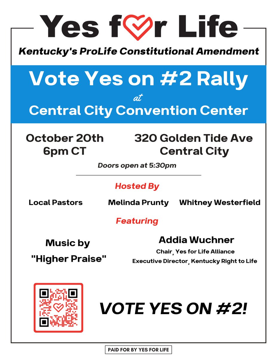 YesforLifeKY's tweet photo. Join us in Central City TODAY for a #YesforLife rally! This is a great way to show your excitement for voting YES on Amendment #2 this November! We hope to see you there. #YesOn2 https://t.co/nT9mbB2c7U