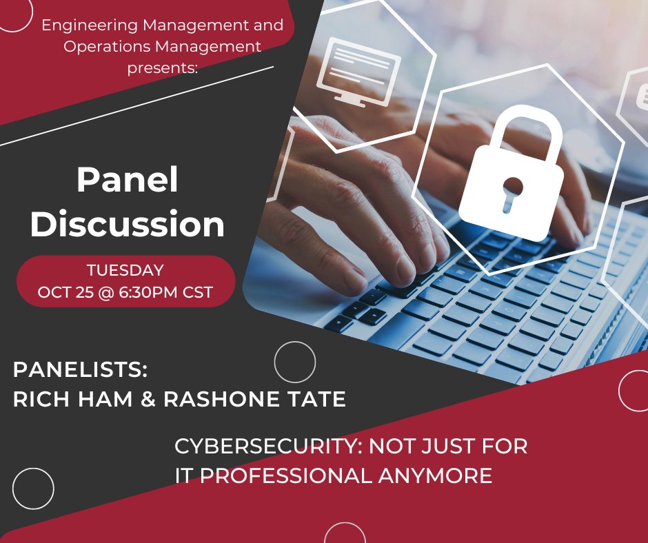 Join us Tuesday for a panel discussion on "Cybersecurity: Not just for IT professionals anymore". applygsie.uark.edu/register/cyber… #CyberSecurity #socialengineering #Security 
<a href="/UARKOnline/">University of Arkansas ONLINE</a>