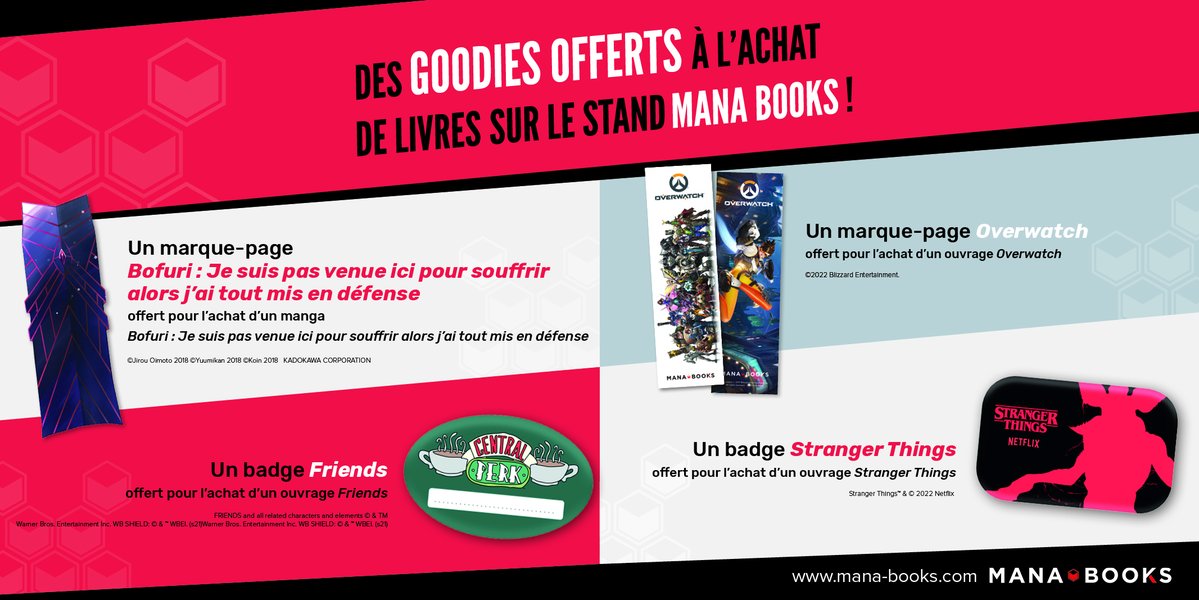 [ GOODIES - PARIS GAMES WEEK ] Des goodies vous attendront sur le stand Mana Books (G 064) à l'achat de livres ! ✨Des marque-pages 'Bofuri' et 'Overwatch' ✨Des badges 'Friends' et 'Stranger Things' On vous donne RDV du 2 au 6 novembre à @ParisGamesWeek #gaming #gamer