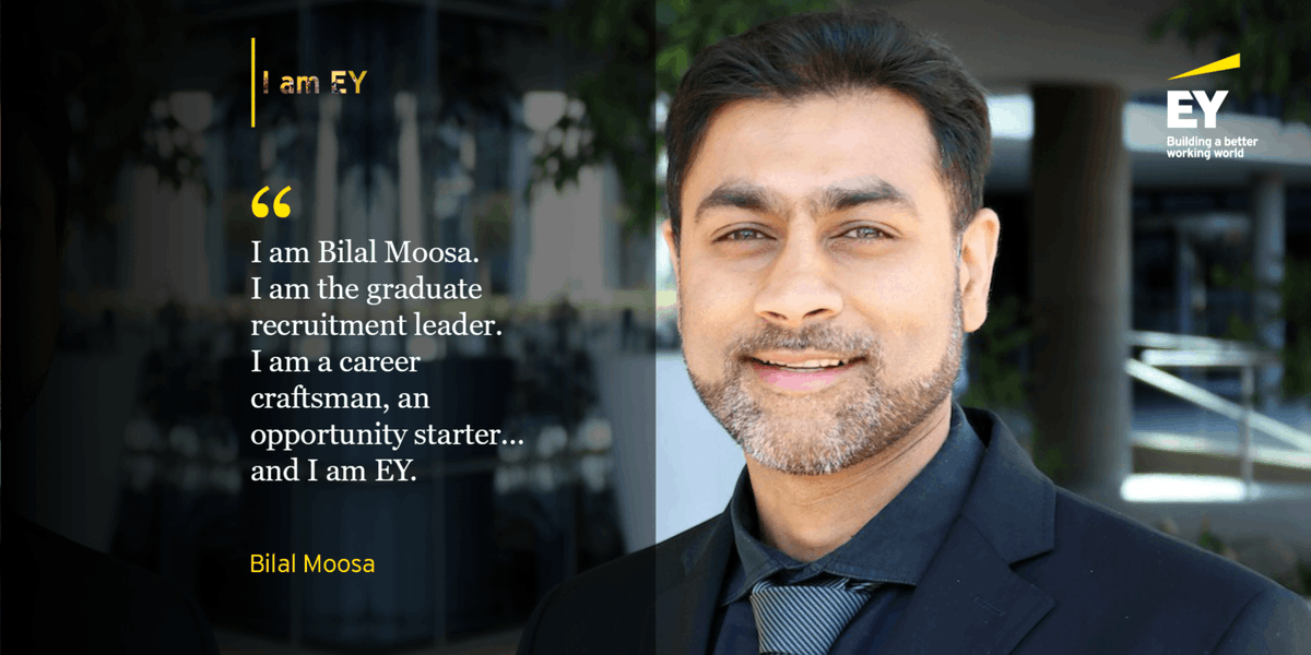EY_Africa's tweet photo. Introducing Bilal Moosa, EY Africa Graduate Recruitment Leader.

Join us. Join the movement. Find out about all our graduate programmes: https://t.co/k45dUJbG8f

Read Bilal's blog: https://t.co/j4CwUMq5Po

The exceptional EY experience. It’s yours to build. 
#IamEY #EYRecruitment https://t.co/Wfx0FM9iIp
