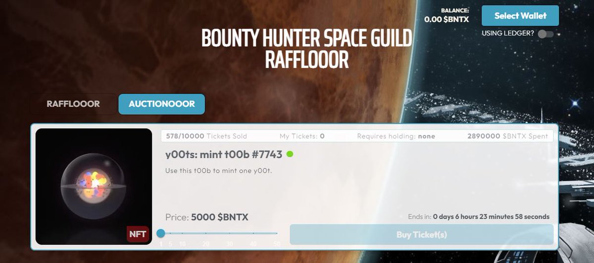 BountyHunterNFT's tweet image. 6 hours left on our y00ts raffle! You can't win if you don't enter!

Buy raffle tickets at bhsg.rafflooor.app

Buy $BNTX at jup.ag/swap/USDC-$BNT…