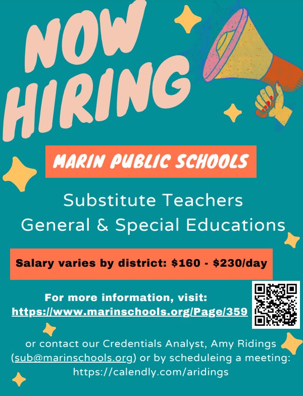 RVSD's tweet photo. Do you know someone who likes to work with #students and wants a flexible schedule? Marin public #school districts are #hiring #substitute teachers and have recently increased their rates (varying between $160-$230 per day). 
Please help spread the word! https://t.co/7ZxpJr06OD