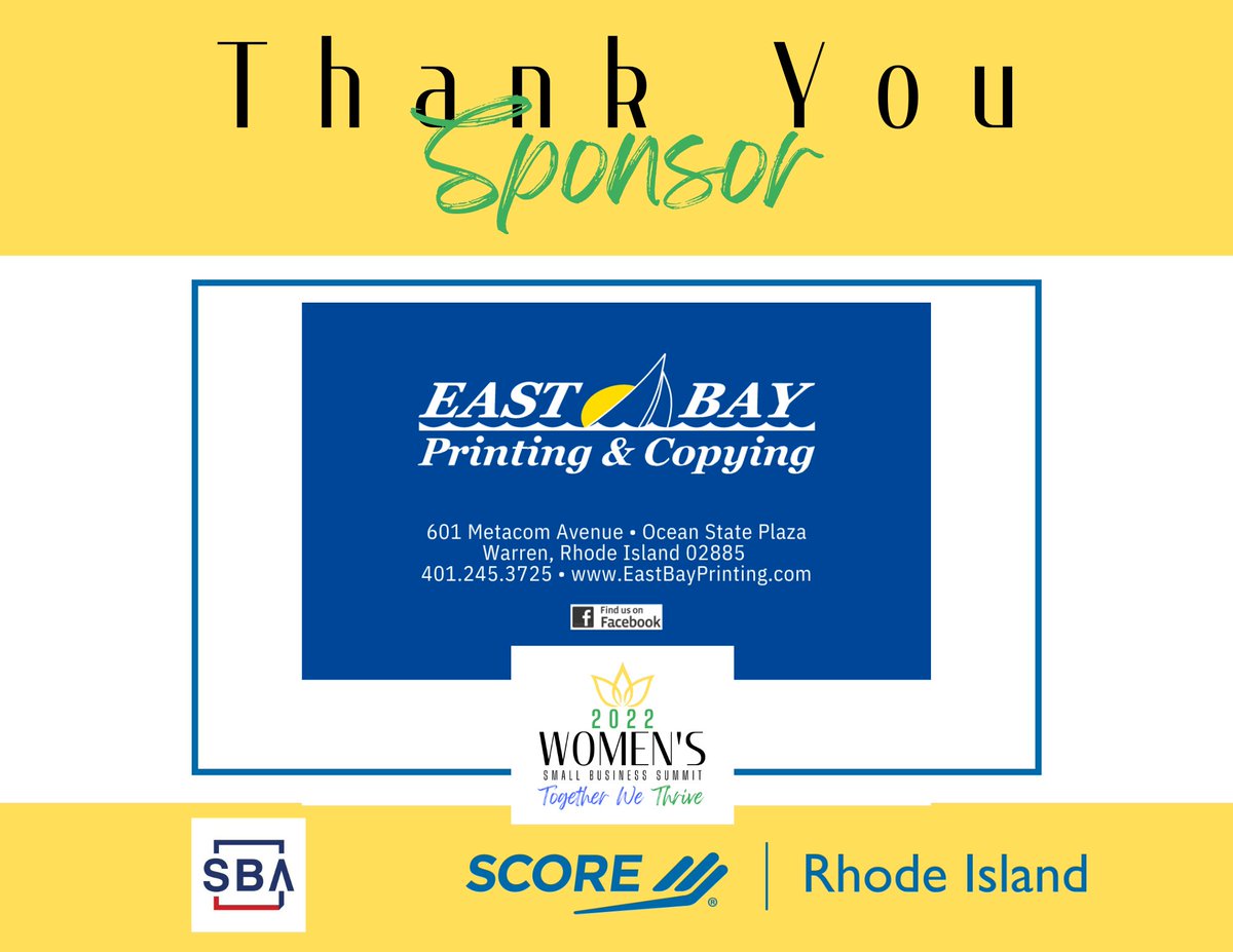 Thank you to East Bay Printing &amp; Copying for sponsoring Score's 2022 Women’s Small Business Summit! 

To learn more about East Bay Printing &amp; Copying click here: eastbayprinting.com

Please join us at this year’s conference: wsbsri.org

#togetherwethrive #wsbsri