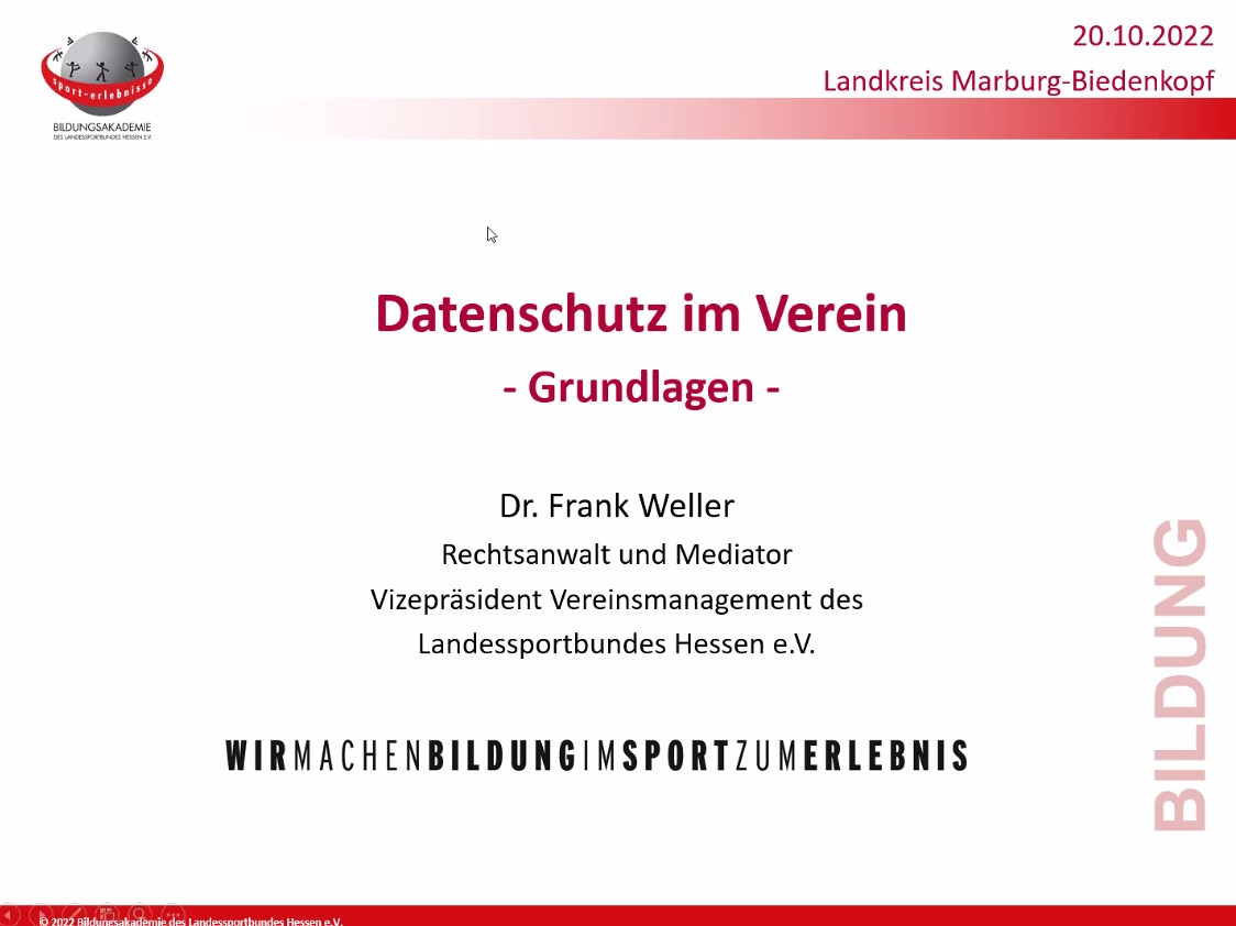 Bereits zum vierten Mal organisieren wir mit dem Landkreis Marburg-Biedenkopf eine Online-Fortbildung für Vereine. Der Fachdienst Bürgerbeteiligung und Ehrenamtsförderung untersützt damit ehrenamtliche Vertreter:innen. Heute geht es mit <a href="/Dr_Frank_Weller/">Dr. Frank Weller 🇩🇪🇮🇱</a> um das Thema Datenschutz.