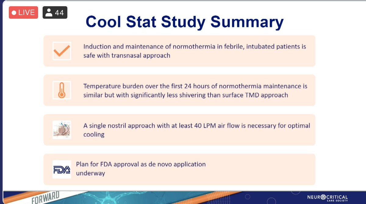 KeatonSmetana's tweet photo. Late breaking sessions at #NCS2022 

#COOLSTAT trial with Dr. Neeraj Badjatia @keytechinc 
Transnasal approach to cooling our patients!

Phase 1: safety/feasibility https://t.co/7dkswfoDzj
Phase 2: Maintenance of normothermia👇
Phase 3: Dose escalation of 1⃣ nostril https://t.co/J6lkFMamCj