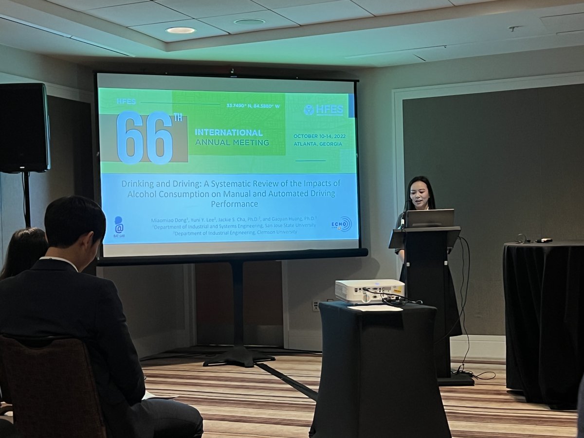 Graduate student Miaomiao (Mia) Dong presented two studies on trust in automated vehicles (supported by Honda Research Institute USA) and alcohol effects on driving (collaborated with the ECHO Lab, director @jackiescha) at the 66th HFES Annual Meeting in Atlanta, GA.