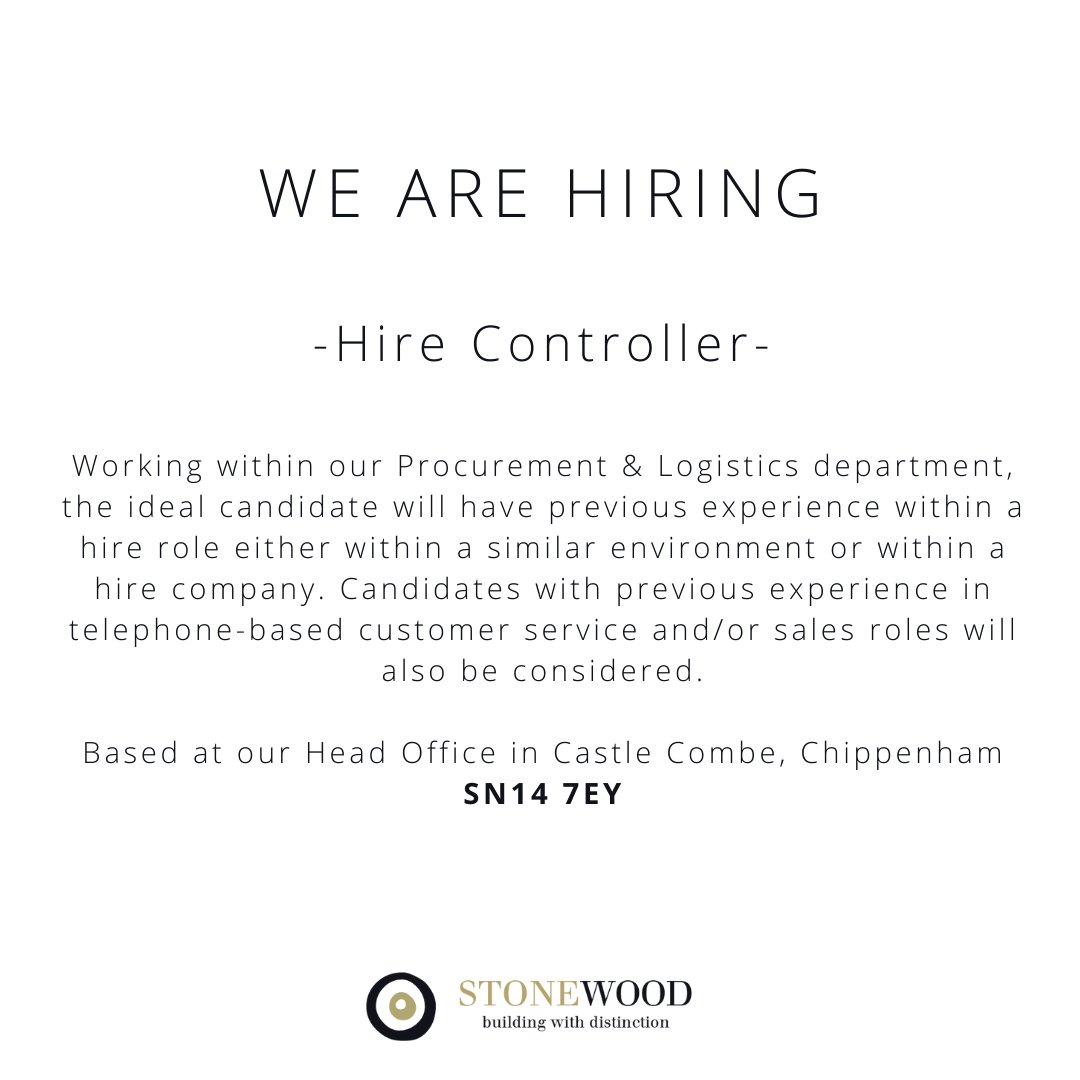 We're looking for a Hire Controller to join the team at our Castle Combe office. A great opportunity which also benefits from; on-site parking, casual dress and under 15 minutes from the M4 (J17 &amp; J18).

For a more detailed job spec and how to apply: bit.ly/3ThuQ6E