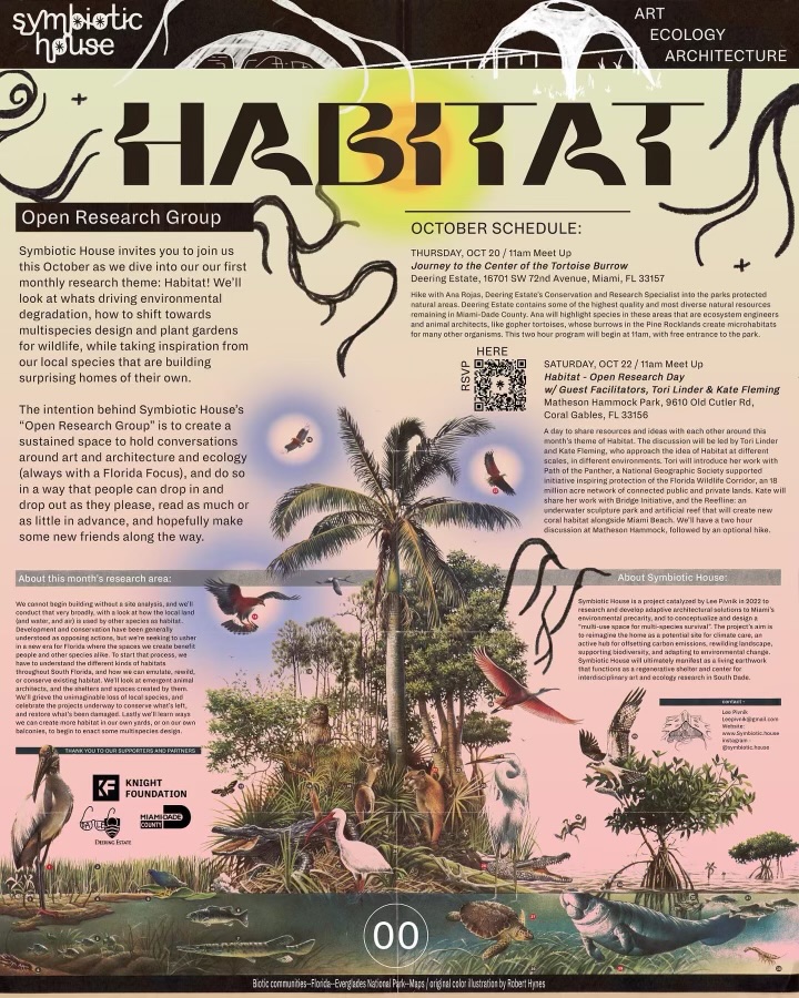 MIAMI - This Saturday I'll be facilitating a conversation on HABITAT for SYMBIOTIC HOUSE with <a href="/_bridge_org/">Bridge Initiative</a> . We’ll creep into a few of my favorite topics at the nexus of art, ecology and architecture. 

Join us. 
11 AM. 10/22. Matheson Hammock Park. eventbrite.com/e/habitat-open…